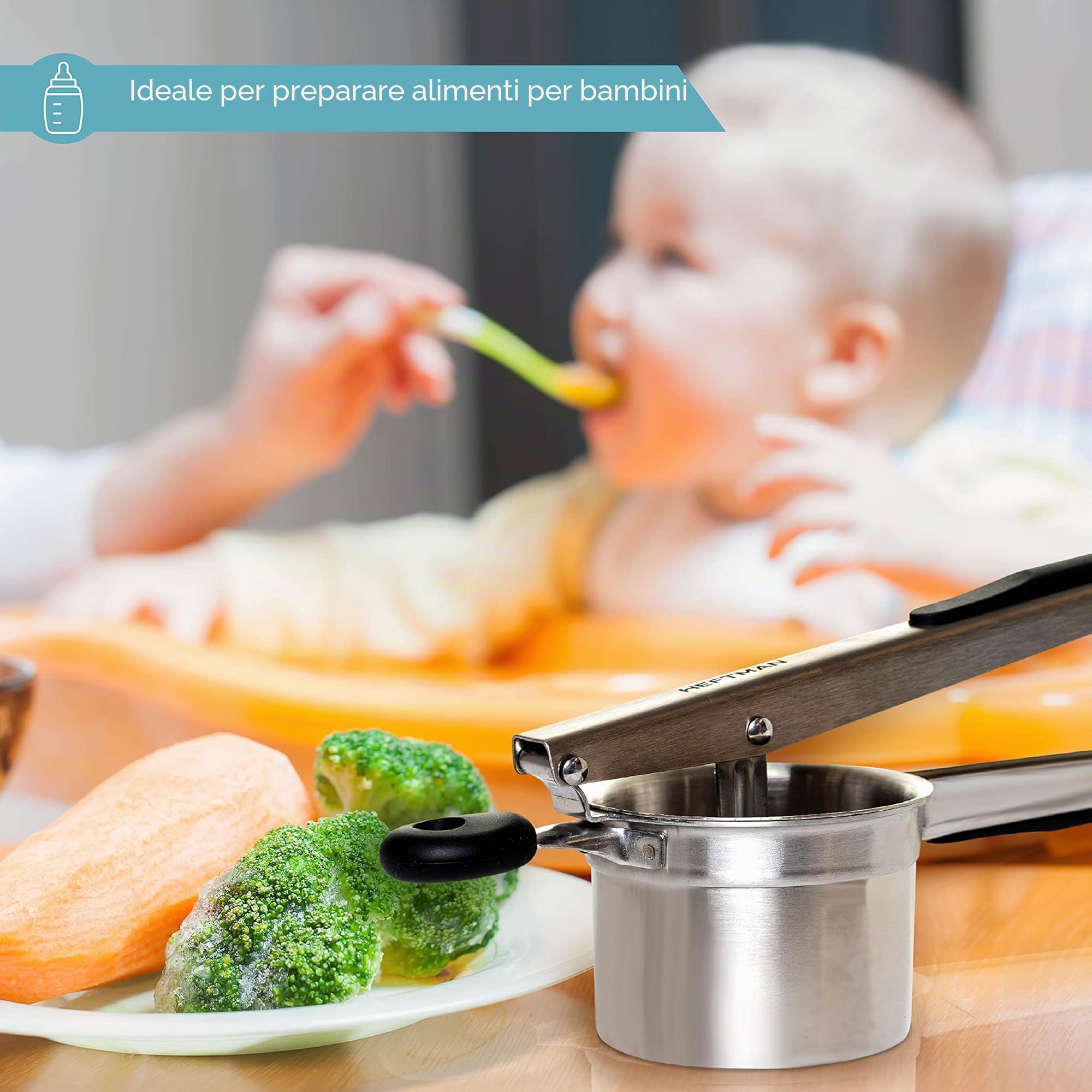 HEFTMAN Schiacciapatate - Schiacciapatate Acciaio Inox con Manici Ergonomici in Silicone, Schiaccia Verdure Manuale, Sciacciapatate per Alimenti per Bambini Frutta Verdura (Lavabile in Lavastoviglie)