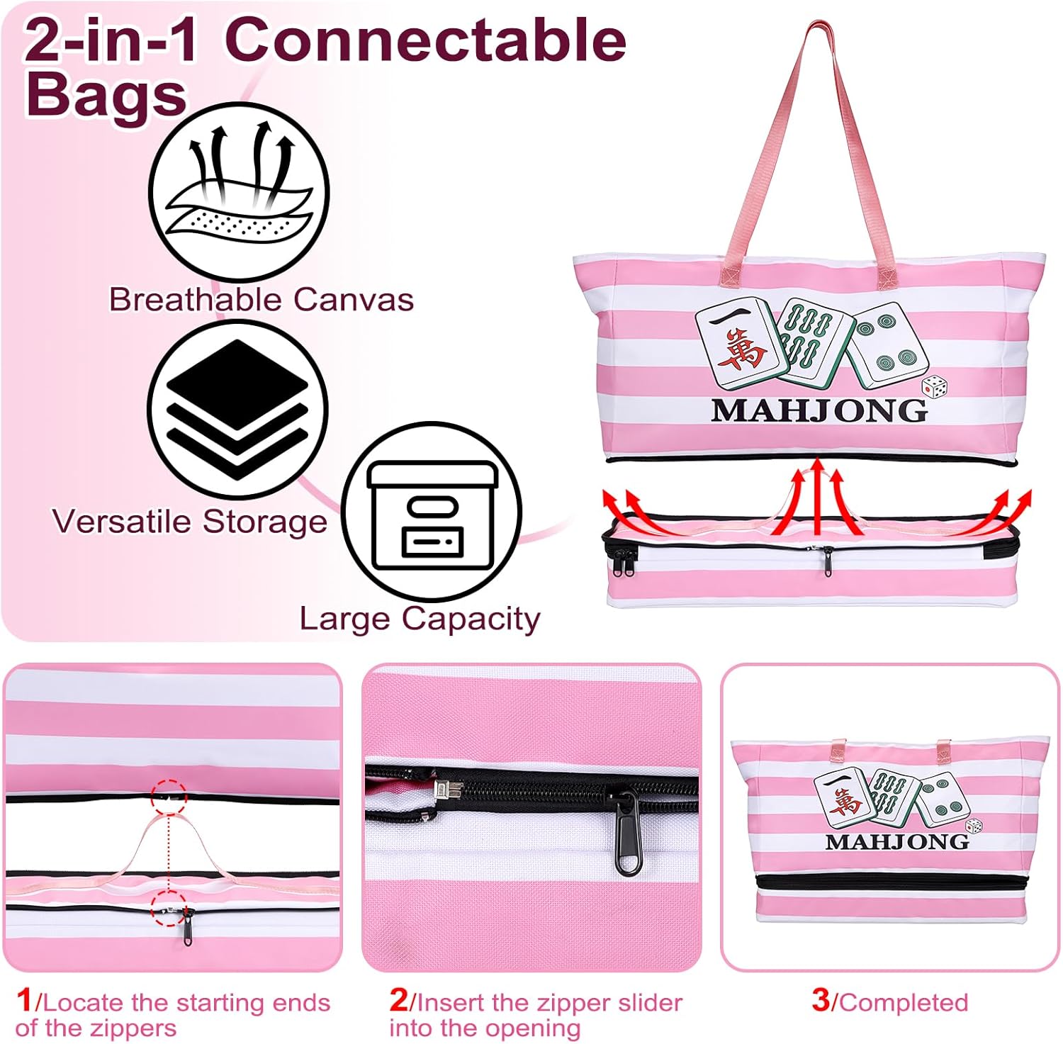 Empty Mahjong Bags Set of 3, Mahjong Carrying Storage Bag for Tiles and Racks, Fabric American Mahjong Accessories Organizer with Zippers, Portable Mahjong Tile Case for Game Party Gathering