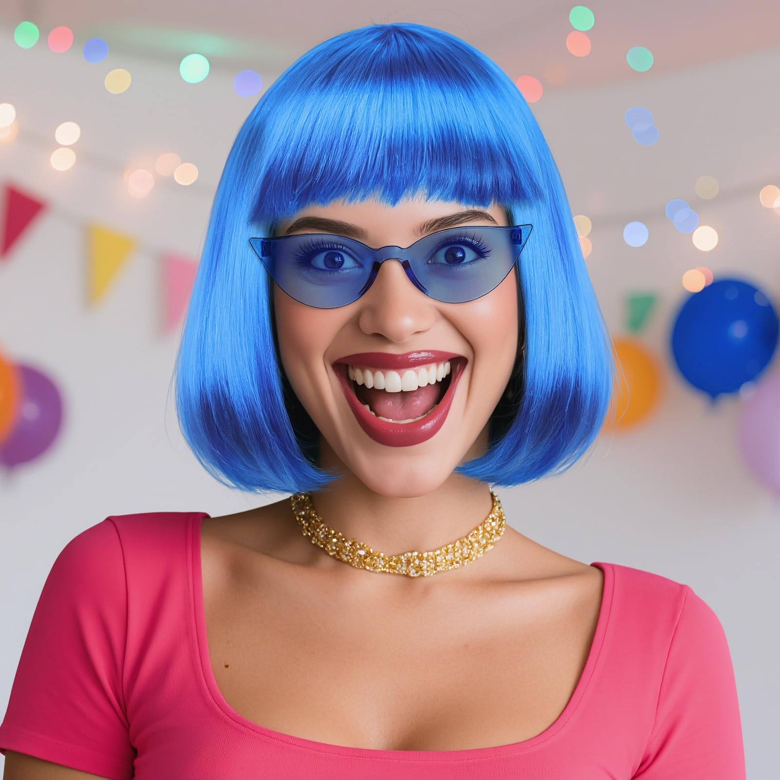 Short Blue Wig with Bangs 3 Pcs Dark Royal Blue Bob Wig Colorful Wigs for Women Natural Straight Funny Wigs for Women Party Cosplay Outfit Costume Halloween + Sunglasses + clarahead Hair Cap - Image 3