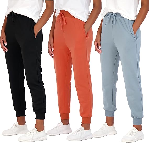 Real Essentials 3 Pack: Women's Relaxed Fit Fleece Jogger Sweatpants - Casual Athleisure (Available in Plus Size)