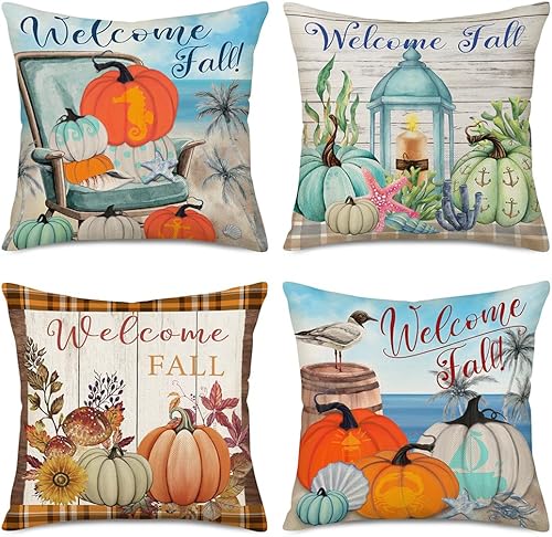 4 fundas de almohada de otoño de bienvenida, decoración de otoño, decoración costera de playa, estrella de mar, calabaza, granja, decoración de