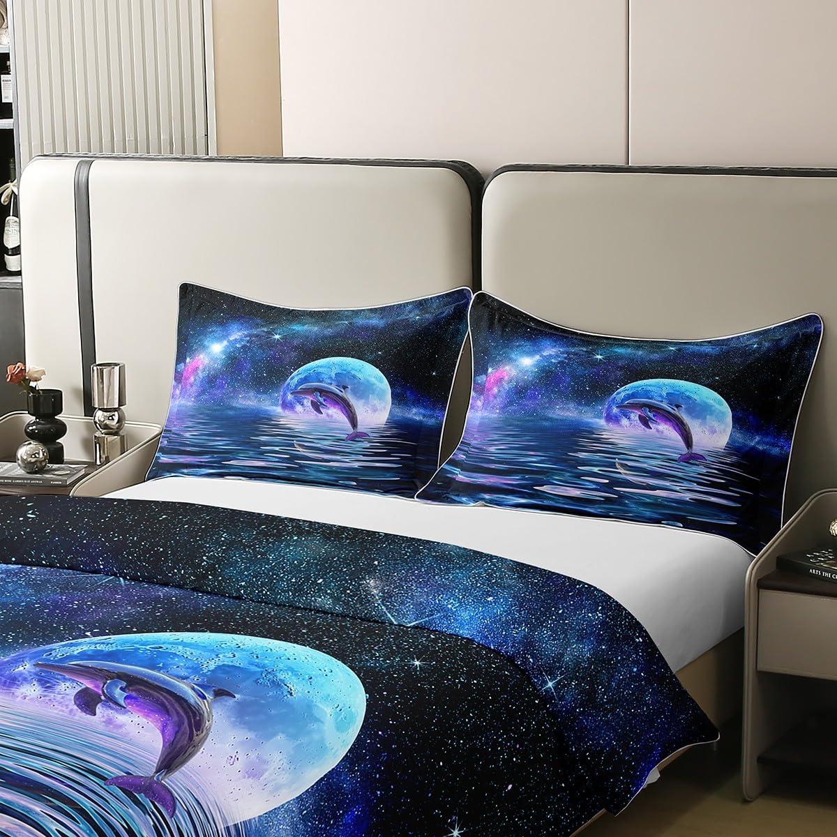 Dolphin Bedding Set Boys Girls Starry Galaxy Moon Duvet Cover Cute Ocean Animal Comforter Cover Kids Bedroom Decor 3Pcs Full 100% Cotton,No Comforter,Dark Blue