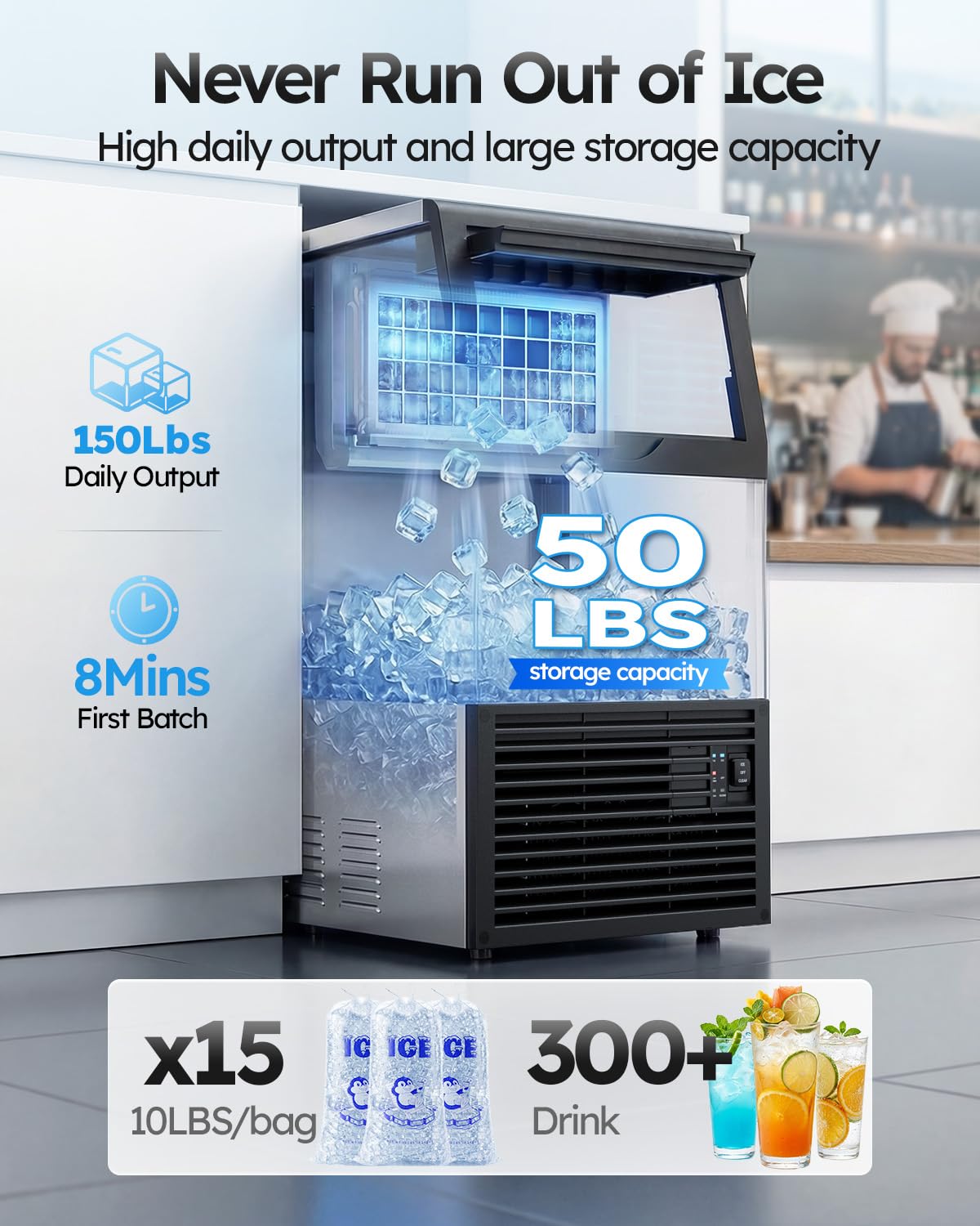 Mojgar Commercial Ice Maker Machine, 150lbs/24H with 50lbs Ice Storage | Under Cabinet Ice Maker, Freestanding Ice Maker, Self-Cleaning Dual Water Inlet, 45 Ice Cubes in 8-15 Mins for Home Bar image 2