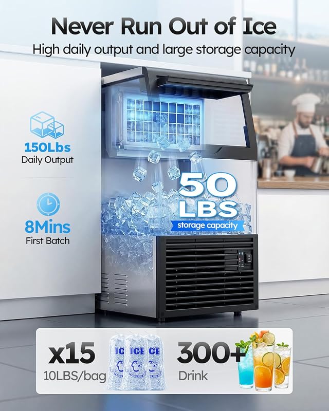 Mojgar Commercial Ice Maker Machine, 150lbs/24H with 50lbs Ice Storage image 2