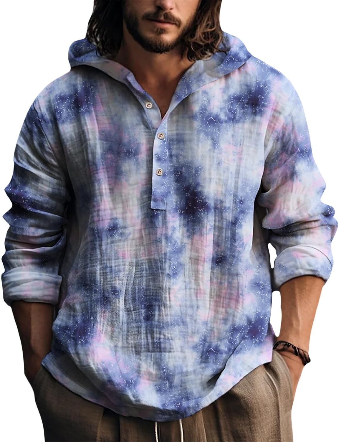 Mens Hooded Tie Dye Button Up Shirt Long Sleeve Casual Pullover Top Relaxed Fit Beach Vacation Streetwear
