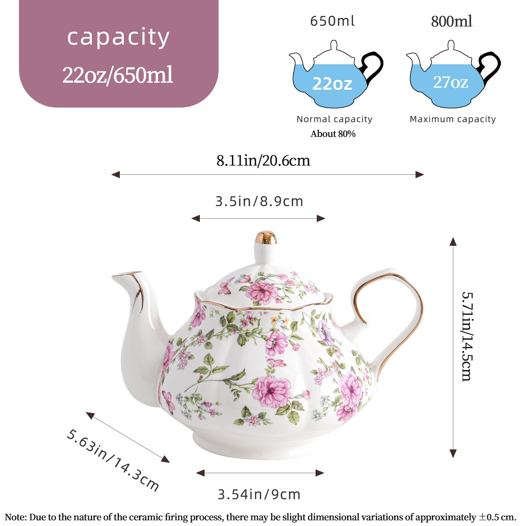 Agyiuns Tetera con flores blancas y grandes, 625 g, porcelana, cerámica, verdadera, 14 x 19 x 14 cm, tetera de hojas sueltas, infusiones de té, juego de fiesta de té