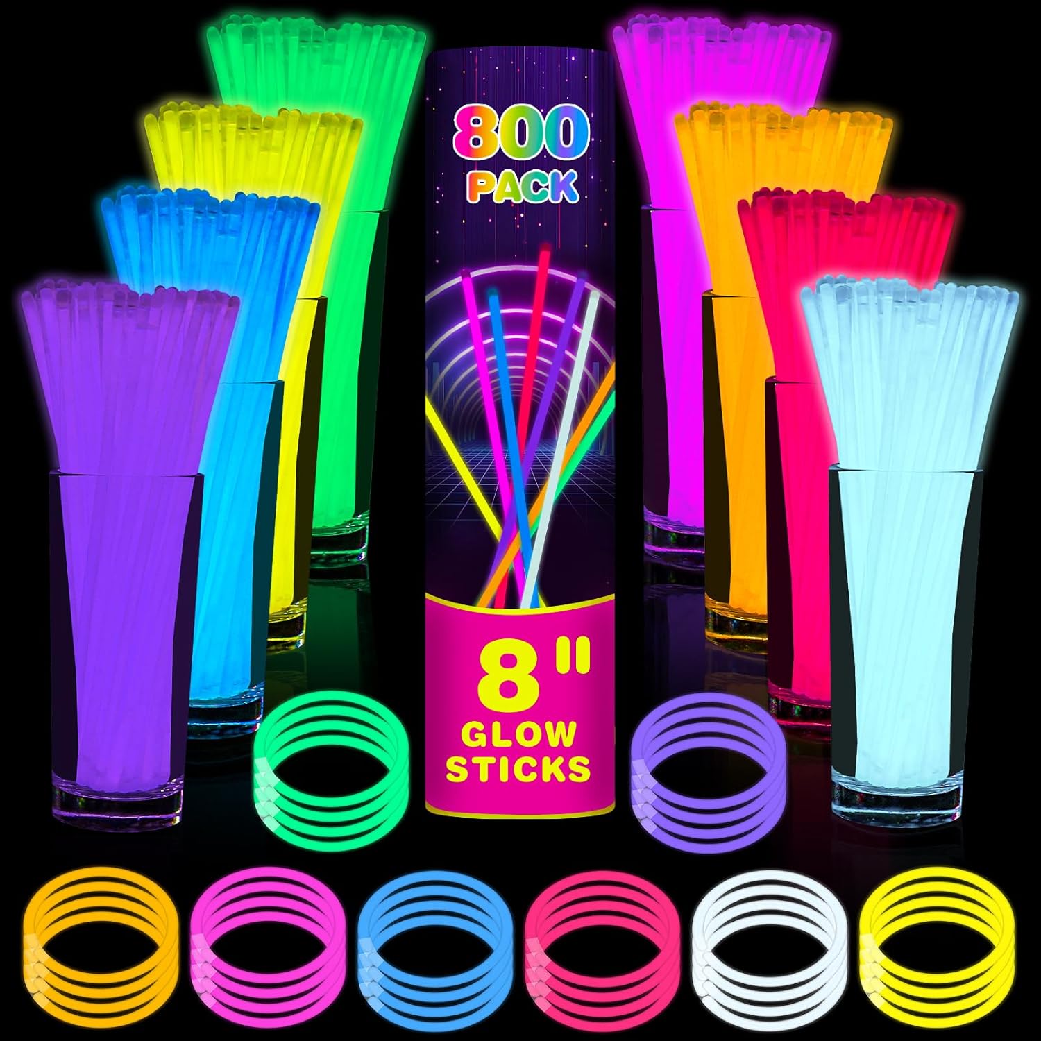 800 Pcs 8 inch Ultra Bright Glow Sticks Bulk Party Favors Pack,Christmas,Easter, Football, Birthday Decorations,Light Up Necklaces and Bracelets with 800 Connectors