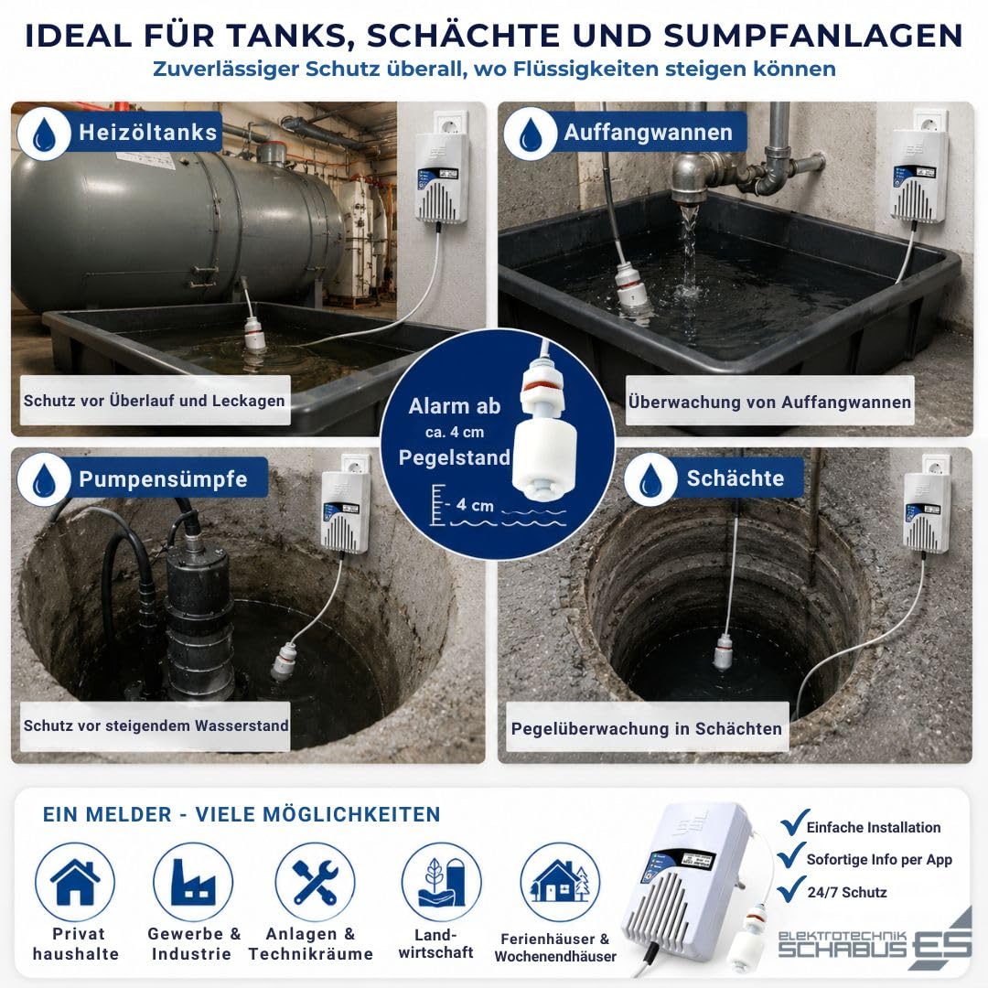 Schabus Wassermelder WWD 241 Smart mit Minischwimmer, 230V, einfache Installation (Schukostecker), akustische (90dB) und optische Warnung, zudem Push Meldung bei Anbindung an Smart-Life App