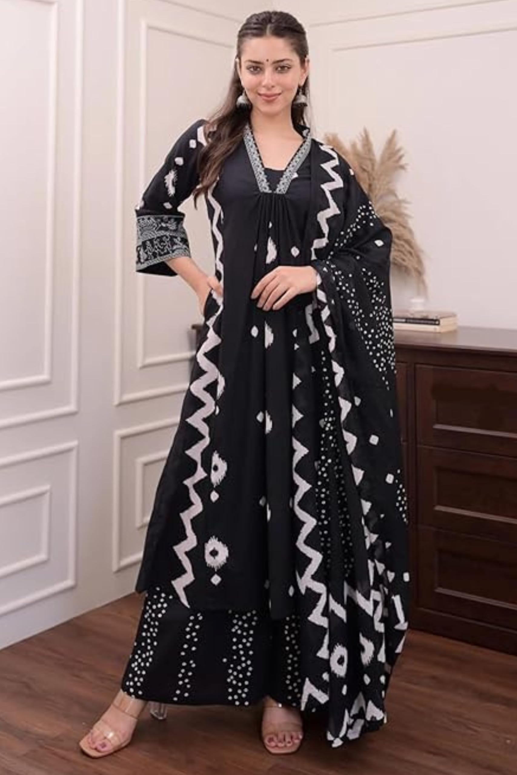 Jaanvi fashion Conjunto de kurta y pantalón de algodón puro con estampado floral para mujer con Dupatta