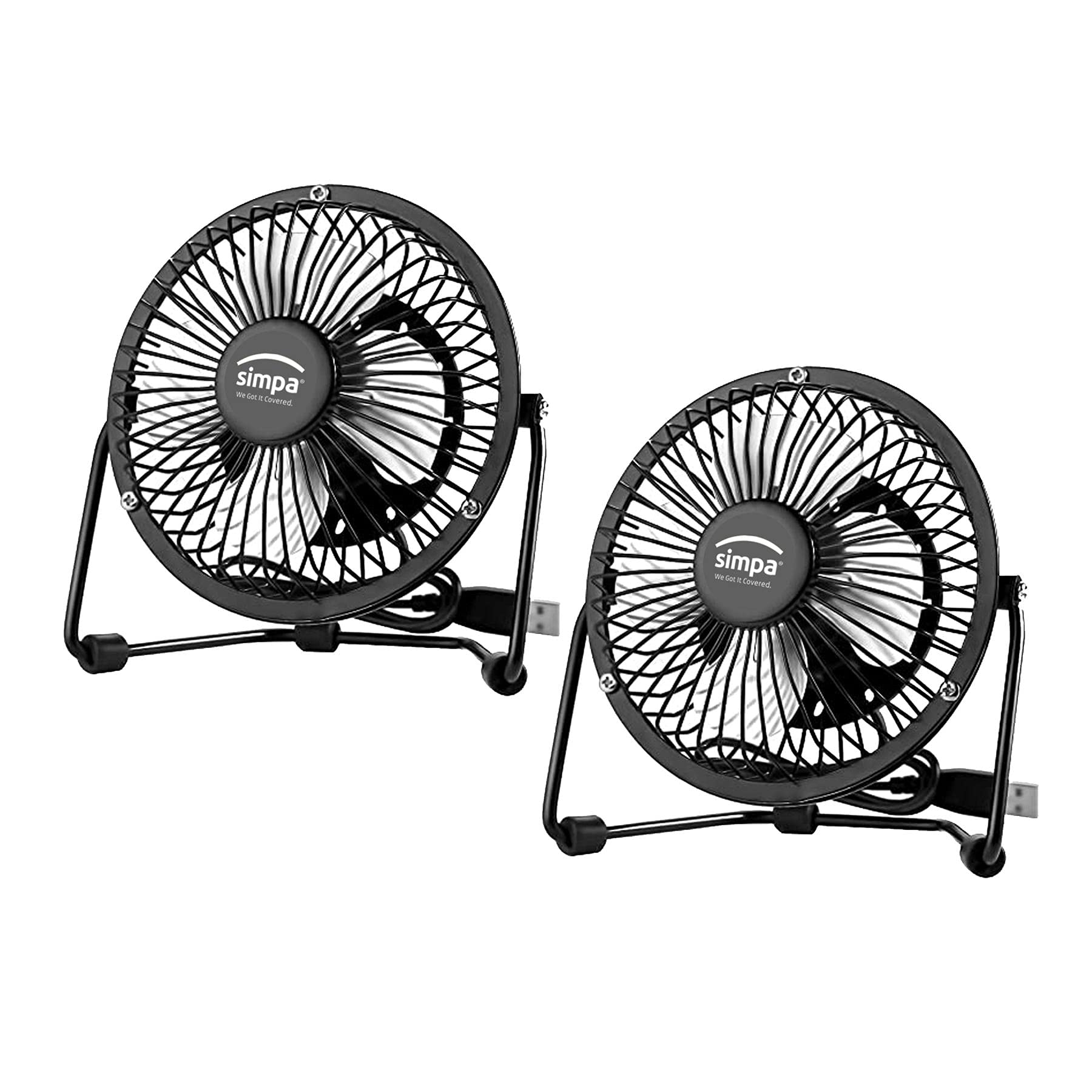 4" Single Speed Black Portable USB Desk Fans - Set of 2 - Tilt Adjustable Head, Quiet 2.5W Operation with 1.2m Cord Length - Suitable for Home or Office Use.