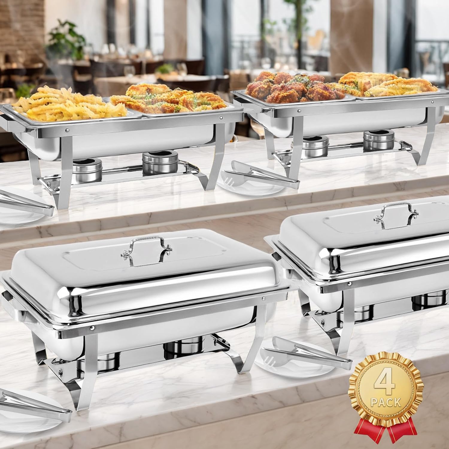 Stelora Chafing Dishes for Buffet, 9 Qt High Grade Chafing Dish Buffet Set, Rolled-Edge Design Food Warmers for Parties, Buffet, Wedding, Birthday, Camping 4 Pack 8 Pans (Silver)