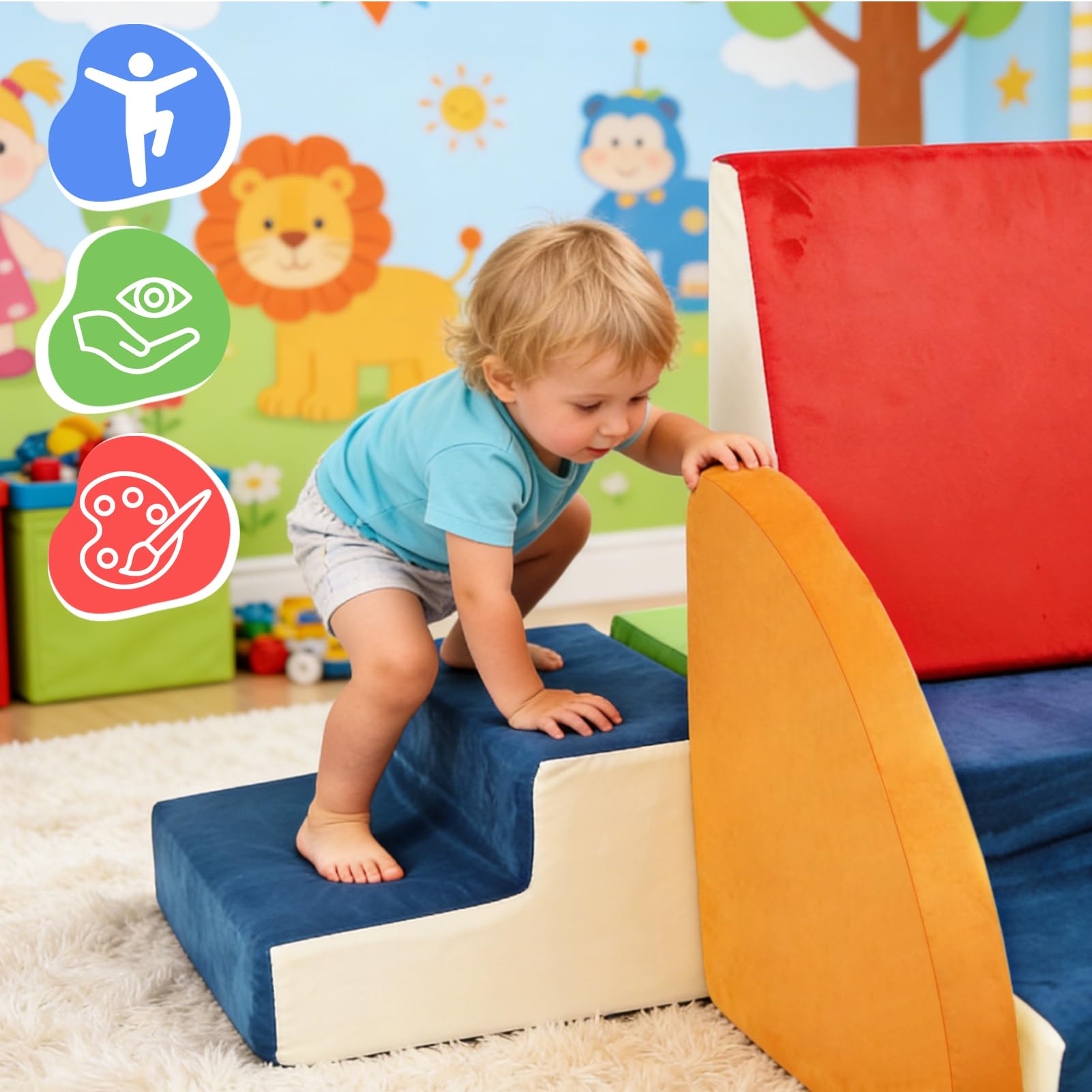 XIAPIA Lot de 6 Blocs de Construction en Mousse avec Tunnel de Jeu –Blocs Mousse Éducatifs Modulables–Parcours Motricité– Toboggans d'intérieur Lavable – Cadeau Anniversaire Noël