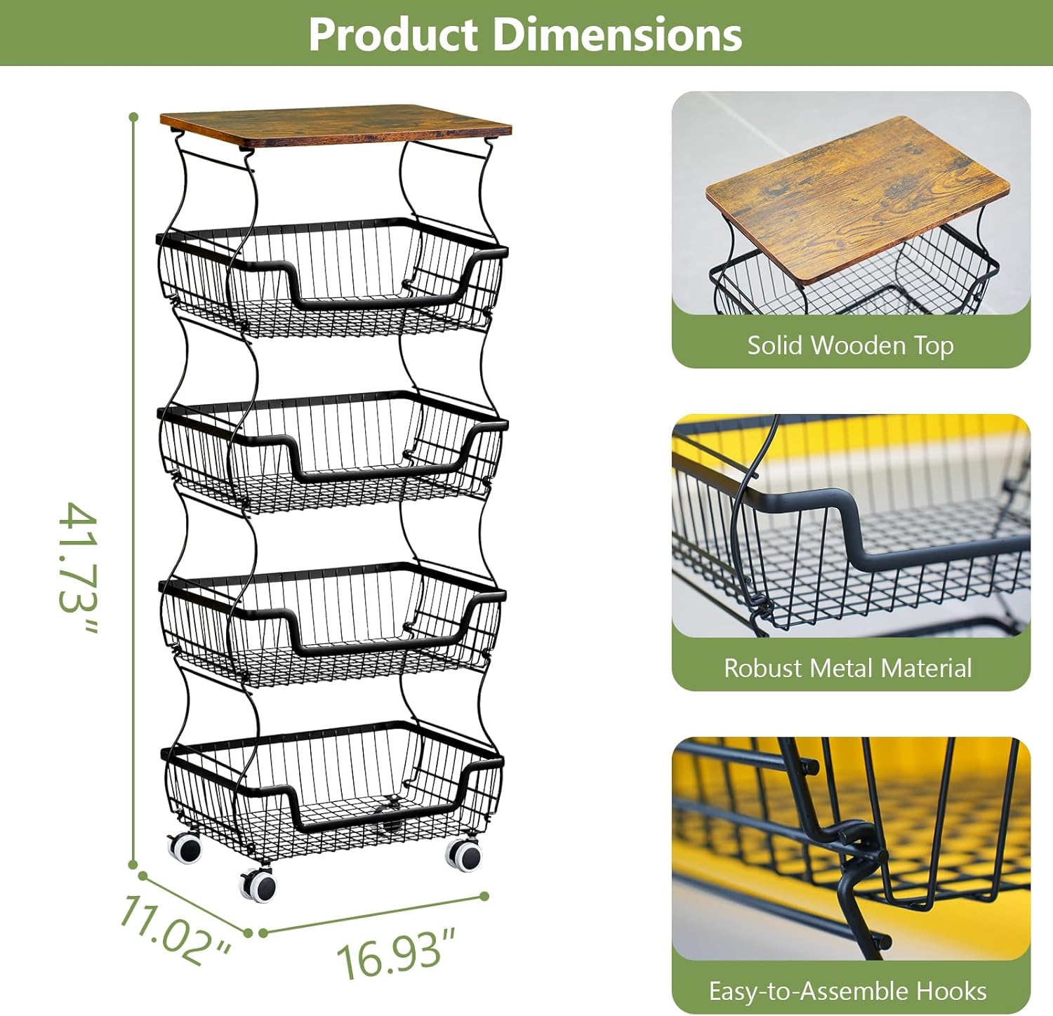 Kitchen Storage Cart on Wheels, 5 Tier Rolling Stackable Pantry Floor Organizer, Kitchen Fruit Basket Stand for Home Removable Metal Vegetable Rack Wire Snack Cart