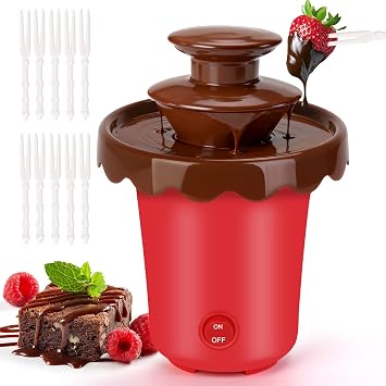 5oz Mini Chocolate Fountain with 10Forks,2-Tier Mini Chocolate Dipping Machine for Use with Chocolate Syrup Only, fit for Parties,Daily Use, Powered by 4 x C BatteriesNot Included Red
