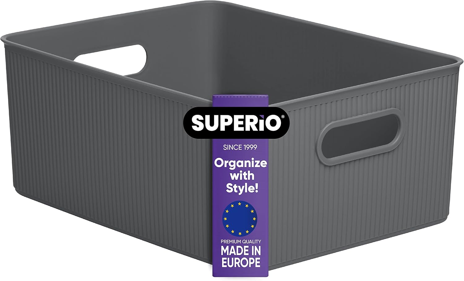Superio Ribbed Collection – Decorative Plastic Open Home Storage Bins Organizer Baskets, Large Grey (1 Pack) Container Boxes for Organizing Closet Shelves Drawer Shelf 15 Liter/16 Quart