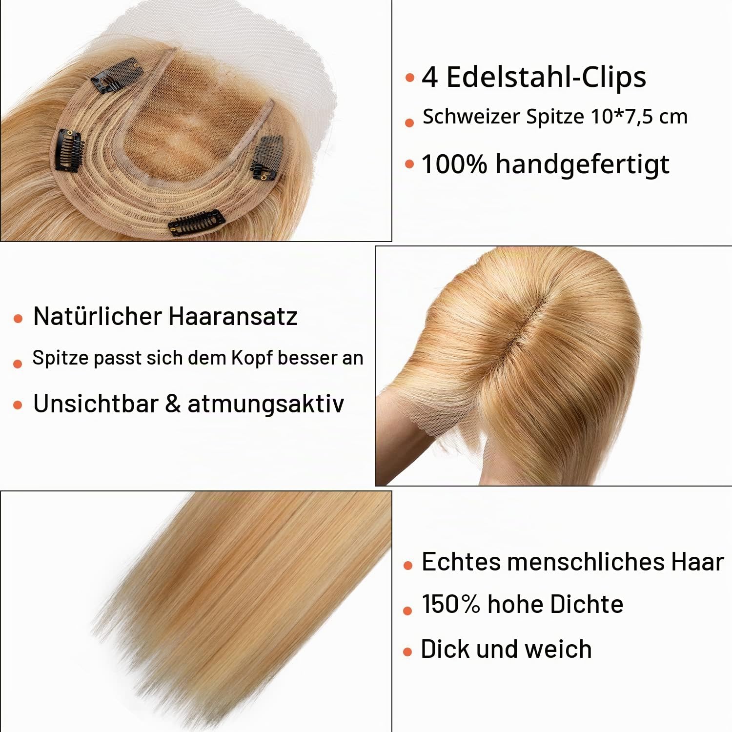 Originea Echthaar Topper Für Frauen Dünner Werdendes Haar 150% Dichte Clip in Topper Echthaar Extensions 14x15cm Mono Basis Handgefertigt Toupet mit Spitzenfront 40cm-80g #P18/613