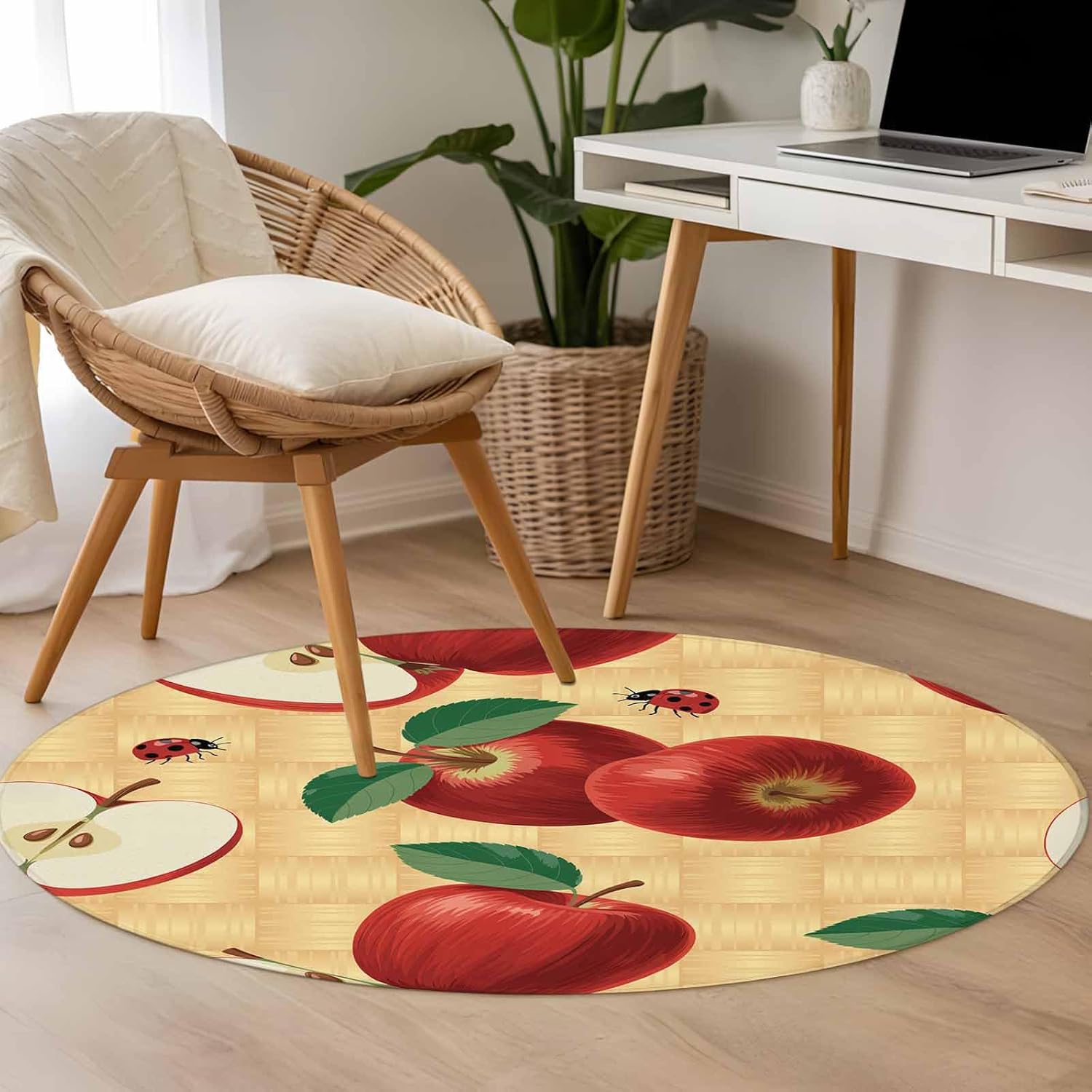 Farmhouse Apples Round Rug 3ft Washable Circle Entryway Rugs Non Slip Country Tropical Fruits Watercolor Area Rug Indoor Floor Carpet for Bedroom Kitchen Living Room Home Office Dining Room Nursery