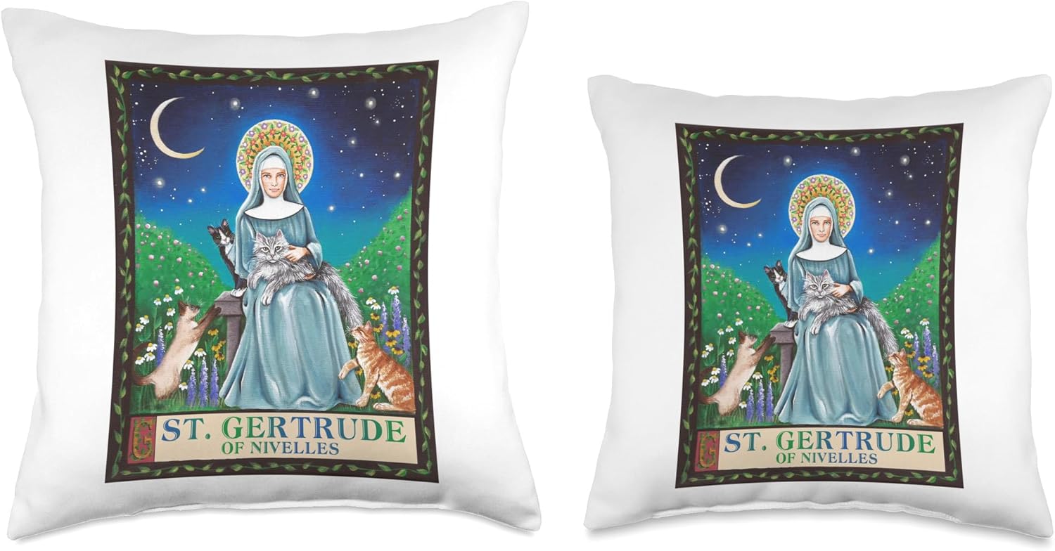 St. Gertrude of Nivelles Patron Saint of Cats Lovers Gifts Throw Pillow