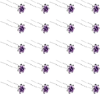 QIUTIMIY 20 Pack (Violet) Crystal Hair Pins Rose Flower Rhinestone Hair Clips for Bridal Wedding Women Hair Jewelry Accessories, with Clear Container