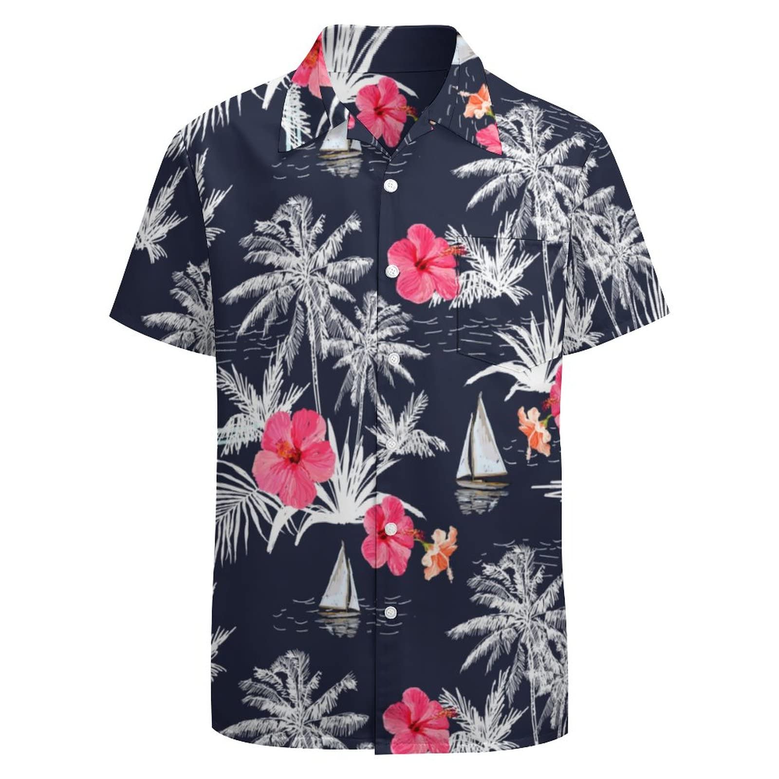 Larsd Men's Navy Pink Leaves 80S Shirts For : 90S Vintage Retro Hawaiian Beach & Disco Funny Party Shirt, Neon Pink Leaves, Xxxxxl