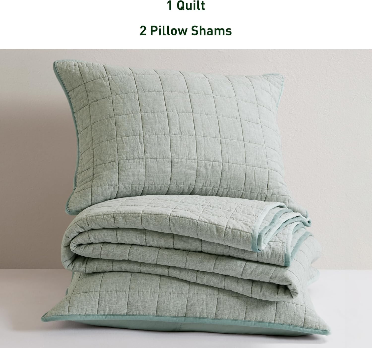 Hyde Lane Linen Quilt Set Queen Size - Breathable Box Stitched European Flax Bedding Set for Bedspread and Coverlet, with 2 Pillow Shams, 90"x96", Sage