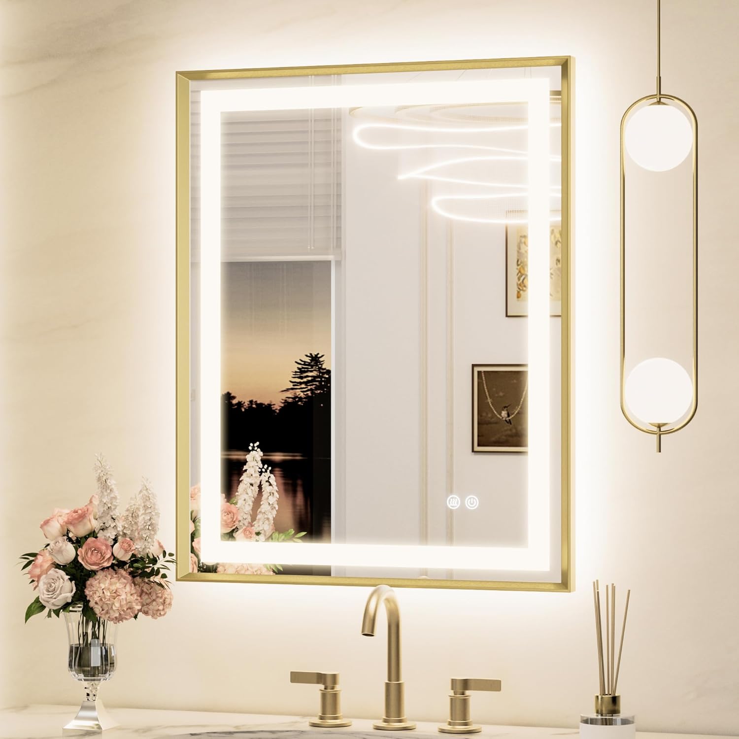 Keonjinn LED Mirror for Bathroom 24 x 30 in, Gold Frontlit & Backlit Bathroom Mirror with Lights, Brushed Beveled Framed, Tempered Glass, UL Listed LED Driver, 3 Color Temperature, Anti-Fog, Dimmable Brushed Gold 30"L x 24"W