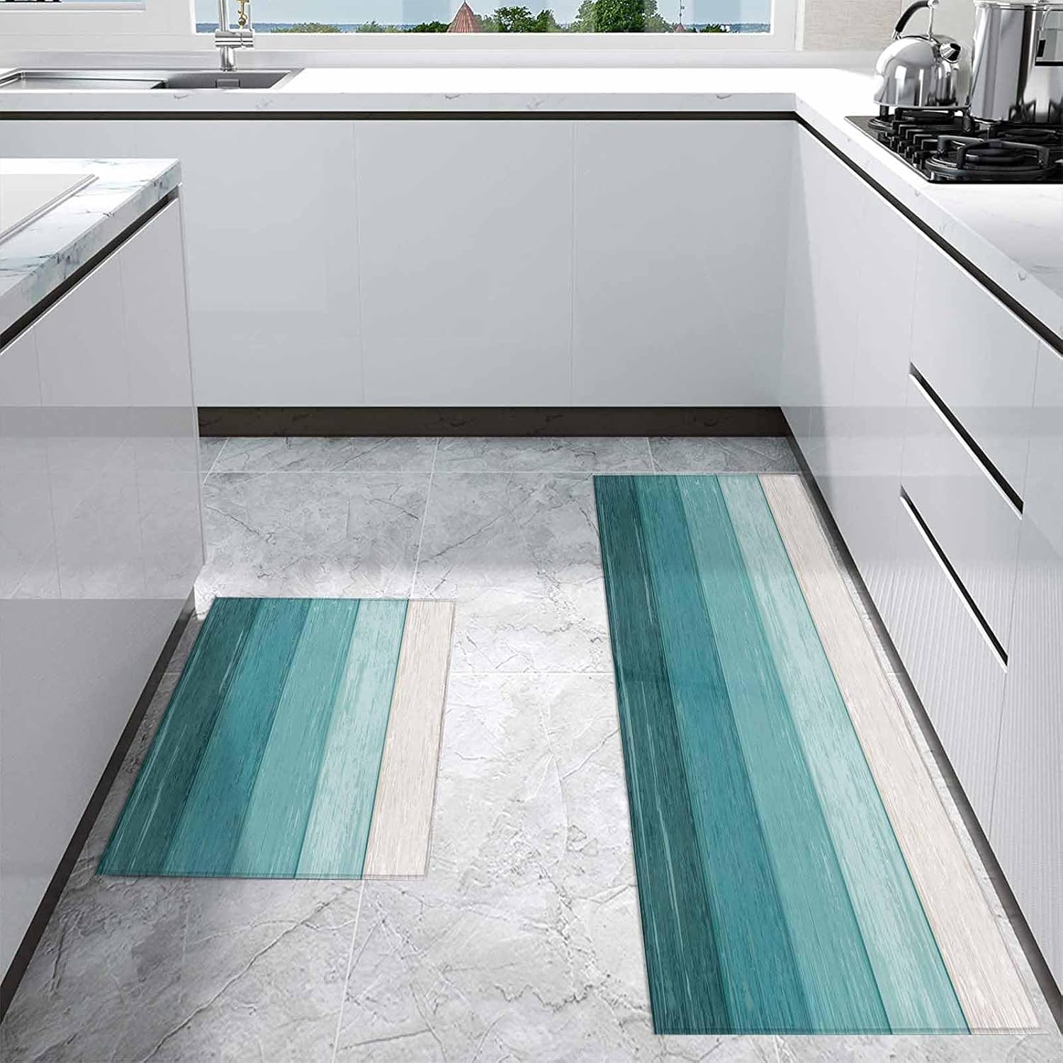 Kitchen Mats for Floor Rustic Teal White Ombre Wood Grain Washable Non Slip Kitchen Rugs 2PCS, Vintage Farm Wooden Plank Absorbent Standing Mats for Sink Office Living Room 15.7x23.6in+15.7x47.2in