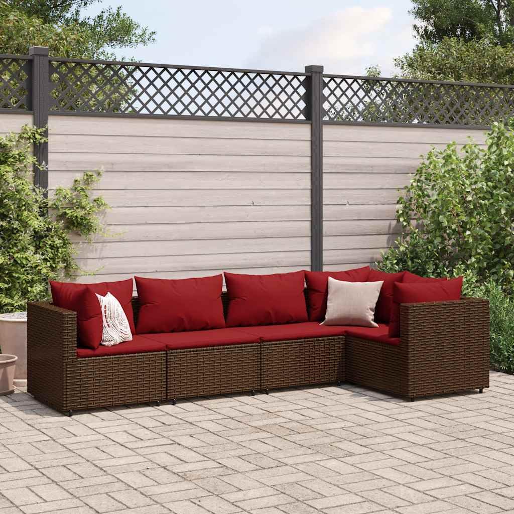 5-Piece Modular Garden Lounge Set Brown with Cinnamon Red Cushions, UV Resistant Poly Rattan Furniture for Outdoor Relaxation and Patio Seating Arrangement