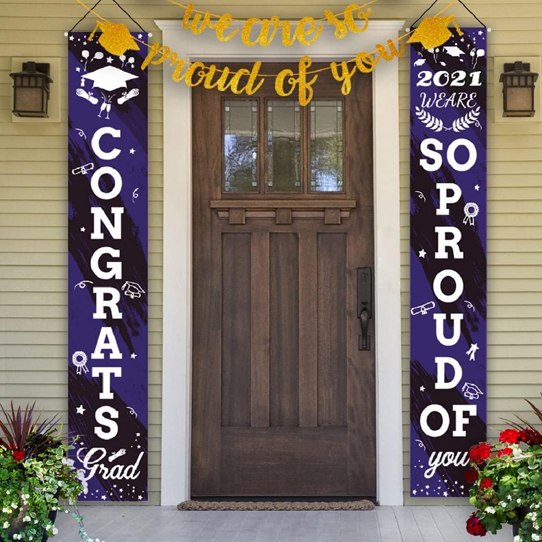 Idefair 2021 Graduation Banners Party Decorations Door Porch Flags Sign Welcome Hanging for Outdoor Indoor Home Wall Door Yard Decor (Purple-Graduations Banner)