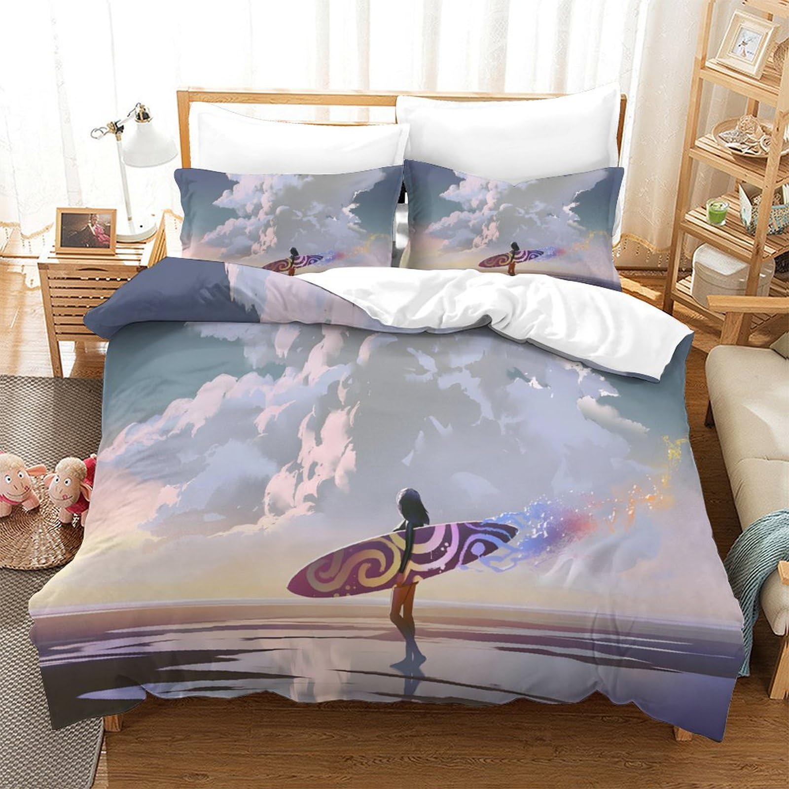 LIAOHENKAN Surfboard Theme Duvet Cover Set Full Size Bedding for Teens Adults 3Pcs Ultra Soft Comforter Set with Zipper Closure Breathable Quilt Set, Easy Care Single（140x200cm）