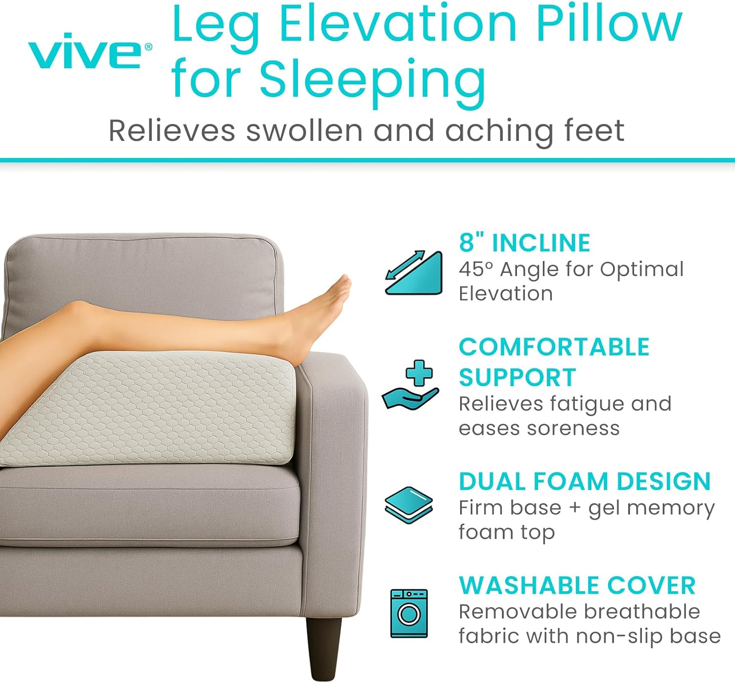 Leg Elevation Pillow for Sleeping, Swelling, Post Surgery - Memory Foam Bed Wedge Pillow- Support Cushion for Pregnancy, Leg, Foot Rest