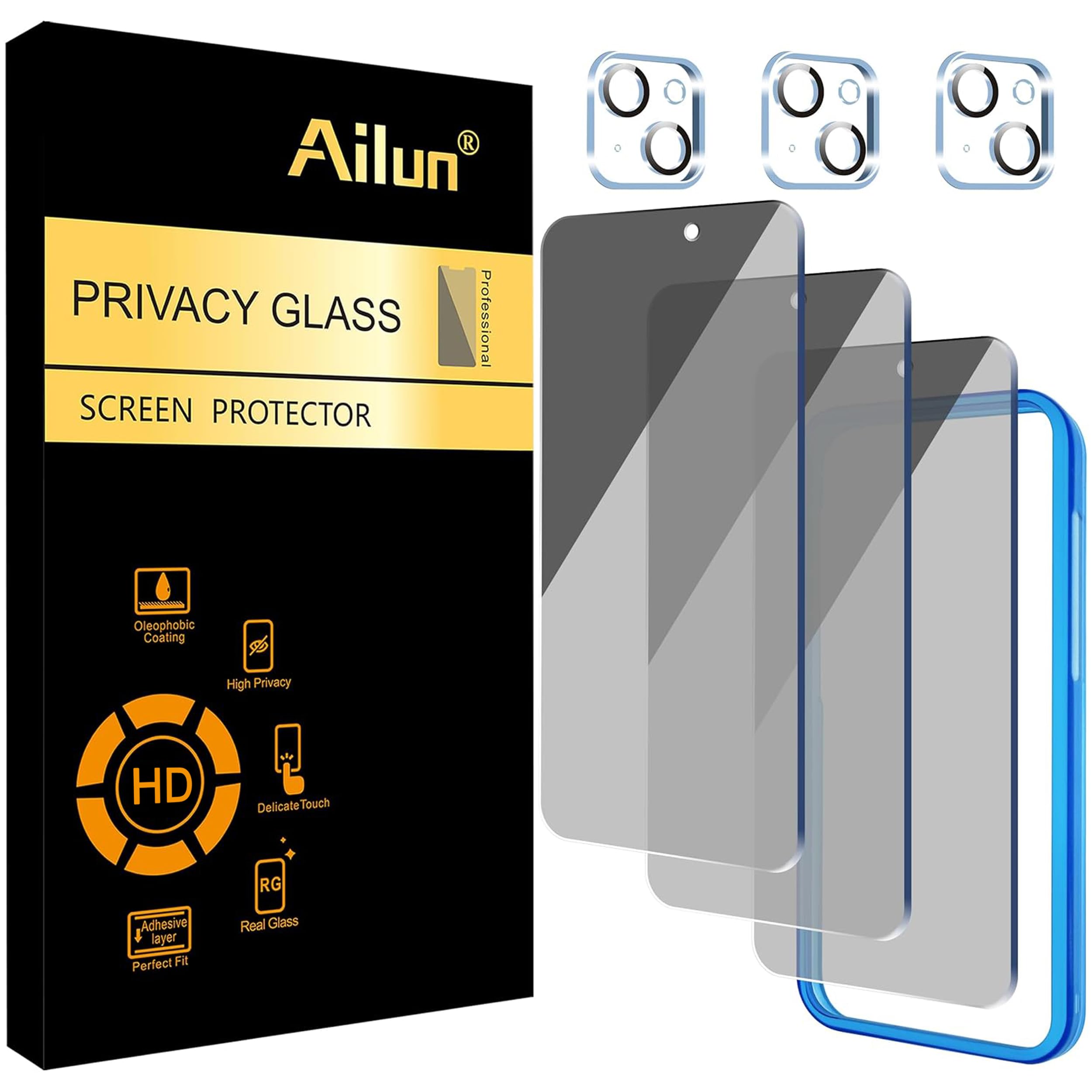 Ailun Privacy Screen Protector + Camera Lens Protector for iPhone 15 Plus | 3+3 Pack, 6.7 inch, Installation Frame, Dynamic Island Compatible, Anti Spy Private Tempered Glass, Case Friendly
