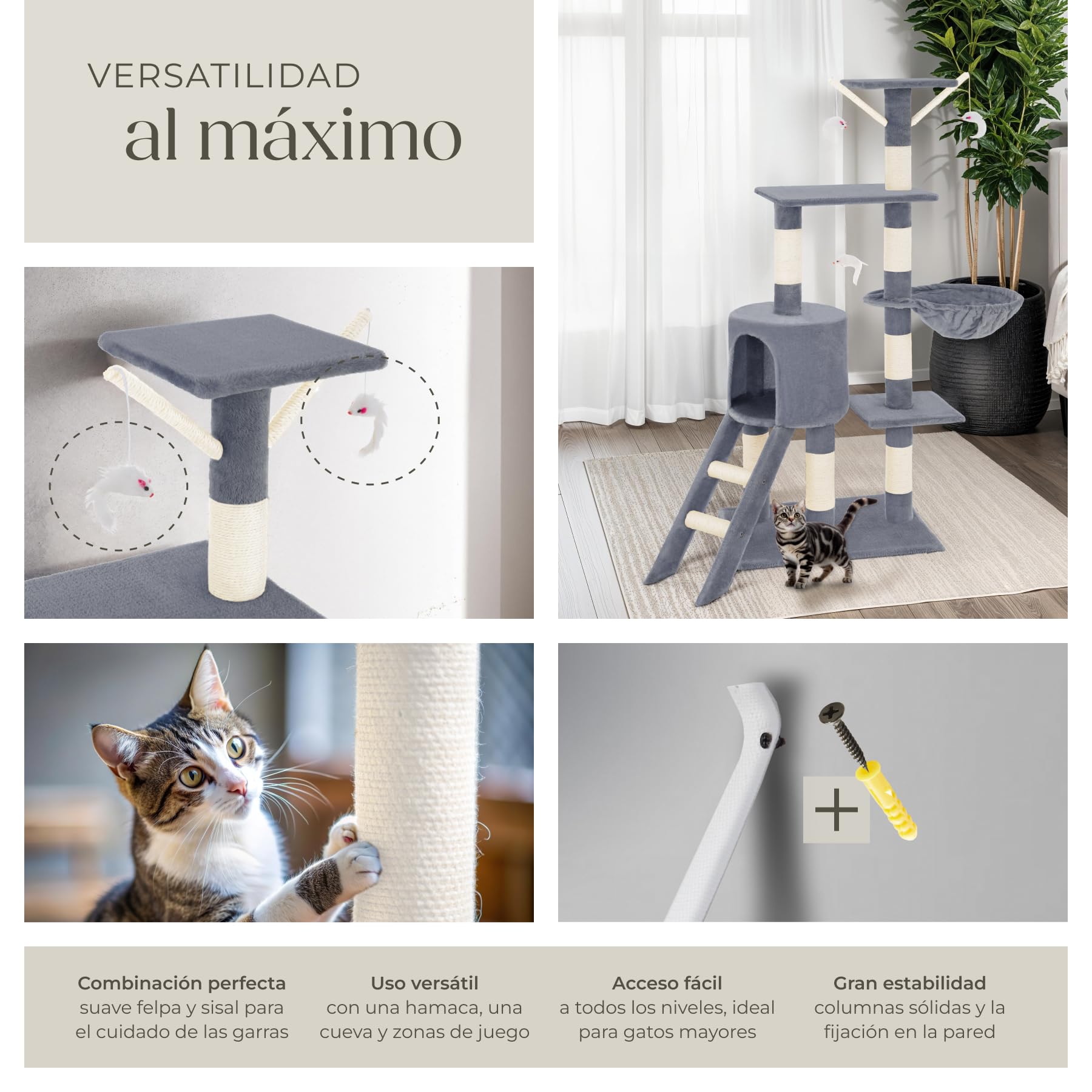tectake® Arbol Rascador para Gatos, Rascador 144cm, Caseta, Varias Alturas, 3 Ratones de Juguete, Nido, Protección Antivuelco, Estructura Robusta, Rascador Gato - Gris