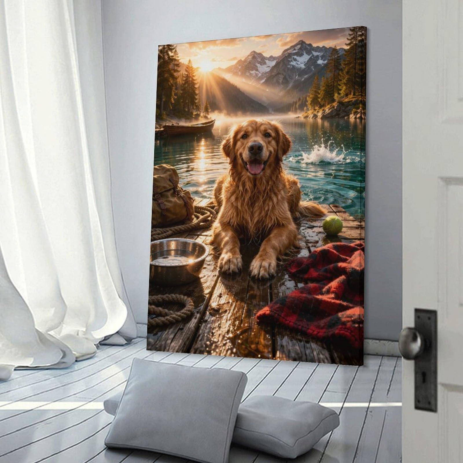 Junmoney Frame-Style-16 Golden Retriever By A Mountain Lake Canvas Wall Art 12X18inch(30X45cm), For Workspace Walls, Study Corners Or Bedrooms, Wall Art That Adds Style To Work Areas