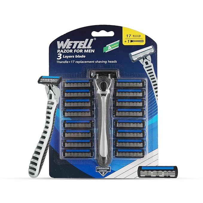 SBF WETELL 3-Layer Razor Blade for Men – 1 Handle with 17 Replacement Shaving Heads | Manual with Aloe Lubricating Strip, Pivoting Head & Anti-Slip Grip - Blue (WT202430-Mens Razor)