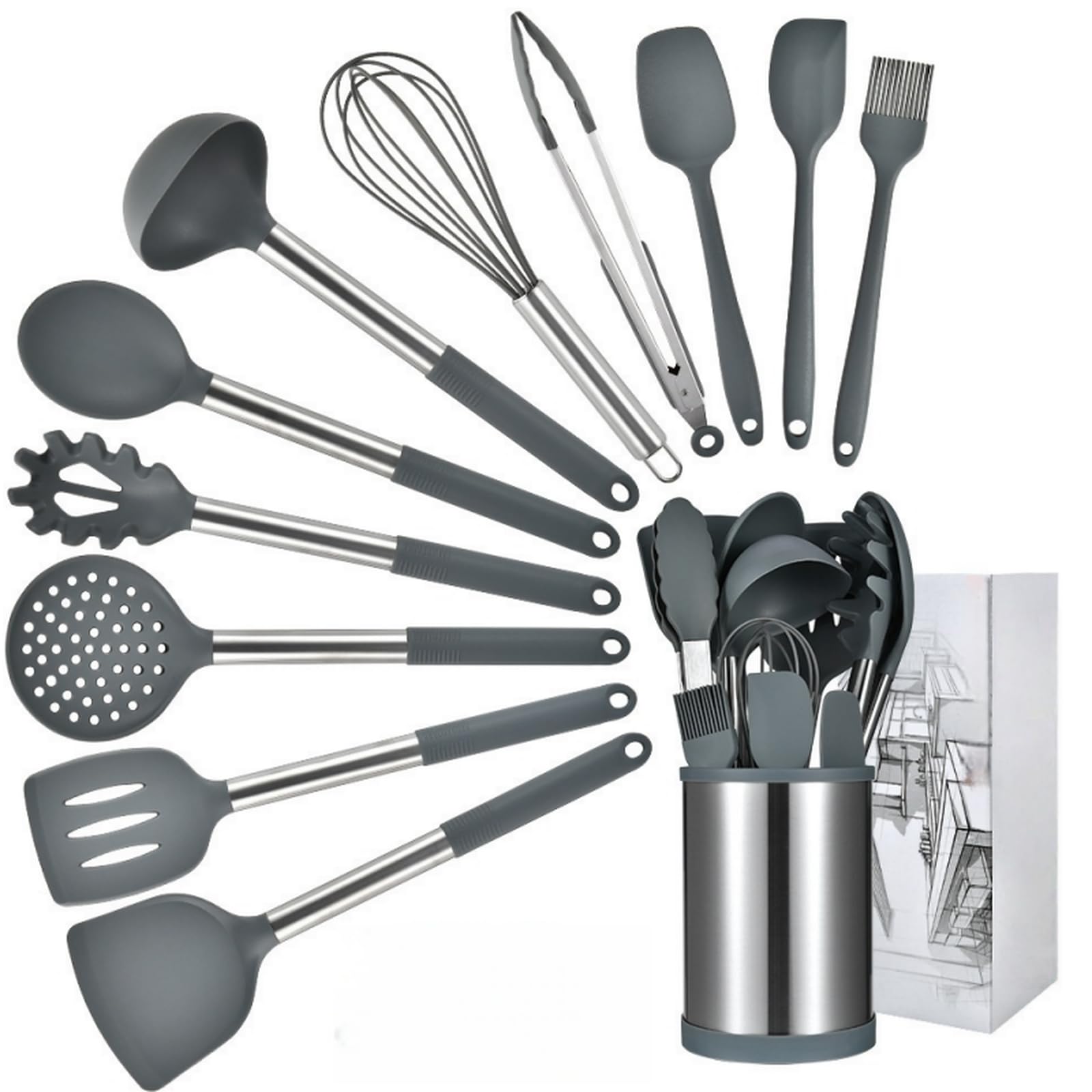 Ustensiles de cuisson en silicone et manche acier inoxydable haut de gamme