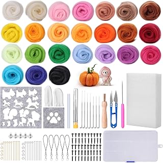 Needle Felting Kit, 24 Colors Wool Roving for Felting Wool Needle, Felt Starter Kit Wool Felt Tools with Fibre Yarn DIY Needle Felting Supplies