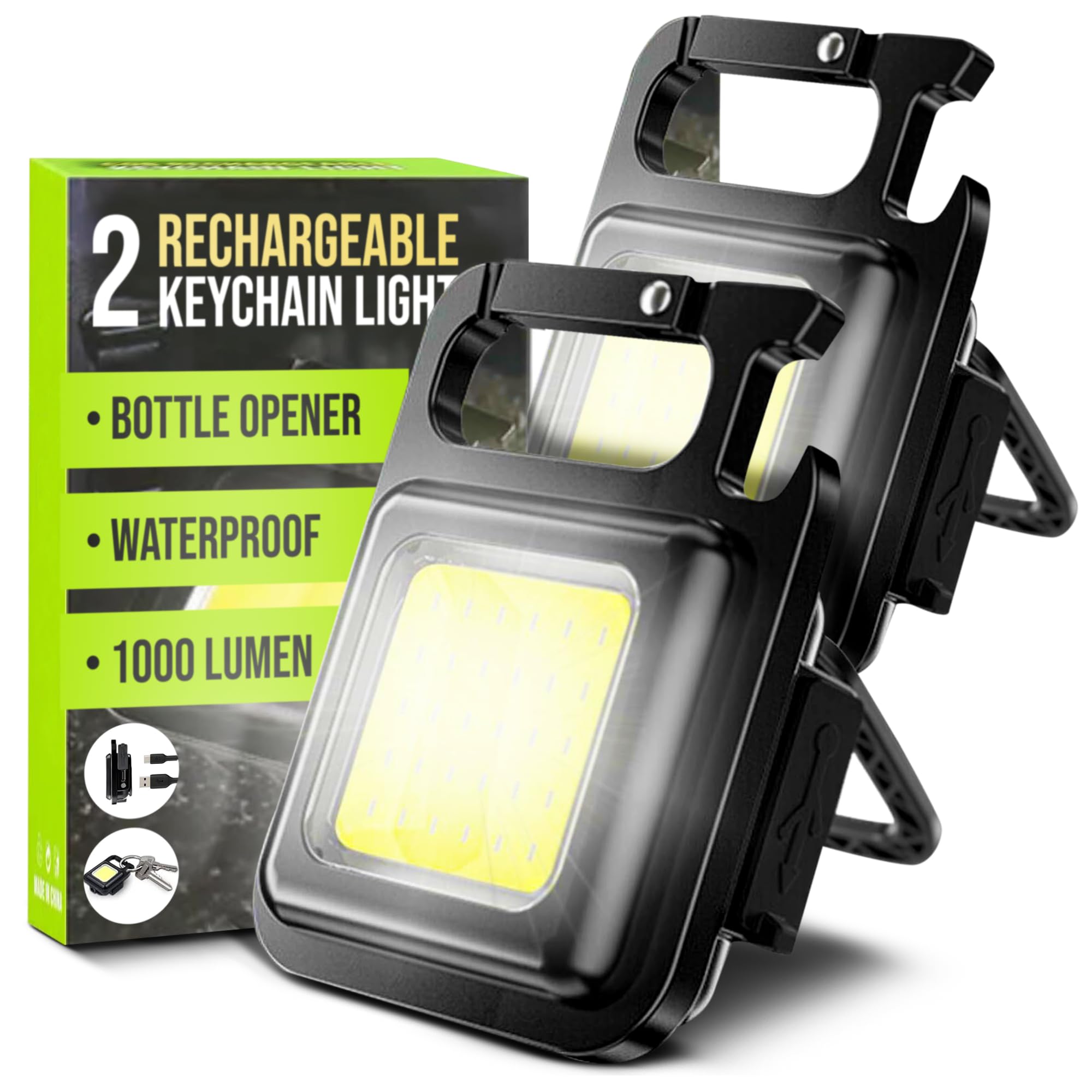 Spanner In The Works® | Cob Keychain Work Light | 1000 Lumen Pocket Torch Led Super Bright Rechargeable | LED Small Torch Rechargeable Keyring Torch | Ideal Small Gifts EDC (2 Pcs, 4 Modes)