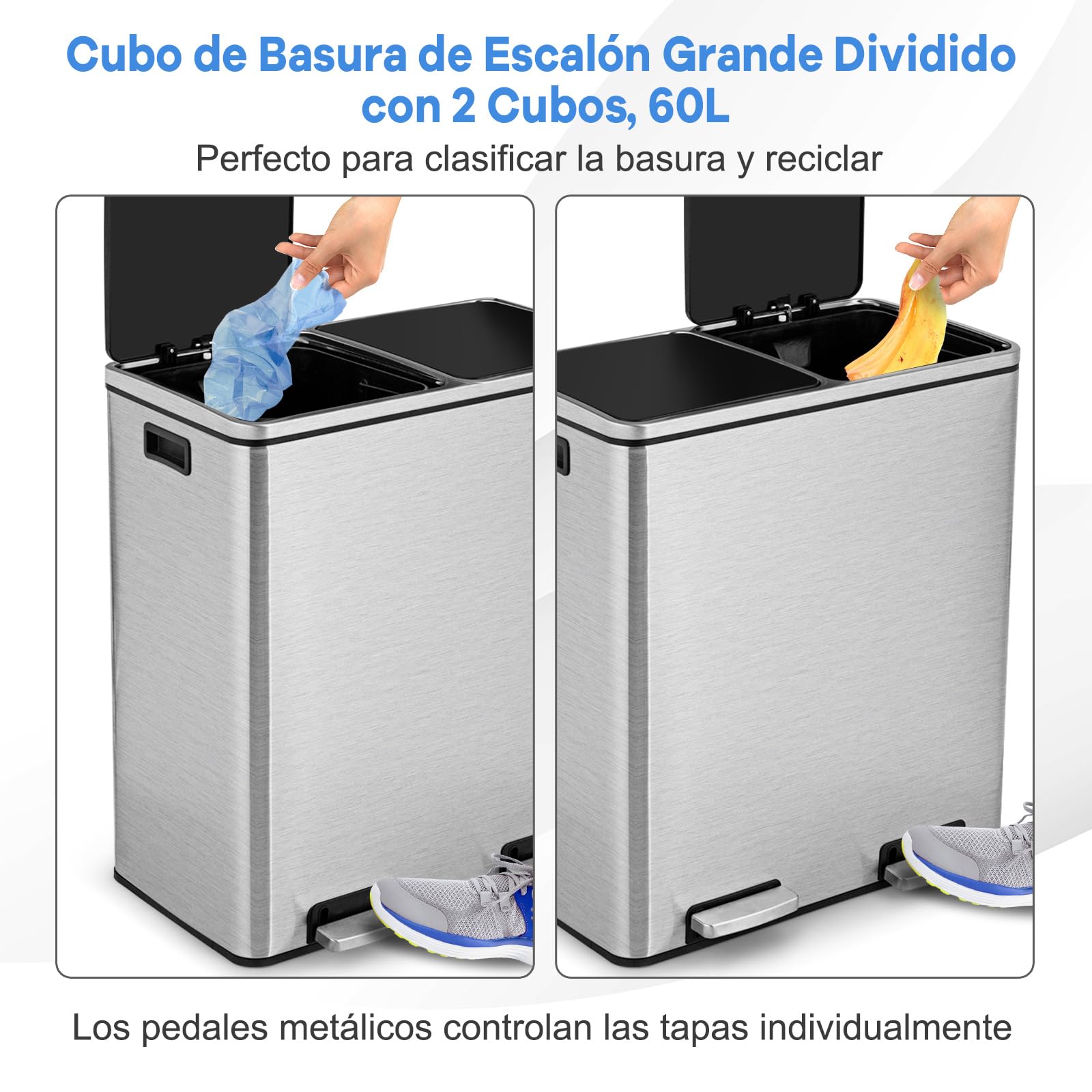COSTWAY Cubo de Basura de 60 L, 2 x 30 L, Papelera de Basura Reciclaje de Acero Inoxidable con Compartimentos 2, Pedal, Cubos Internos de Plástico y Tapas con Bisagras, Manijas, Cierre Suave