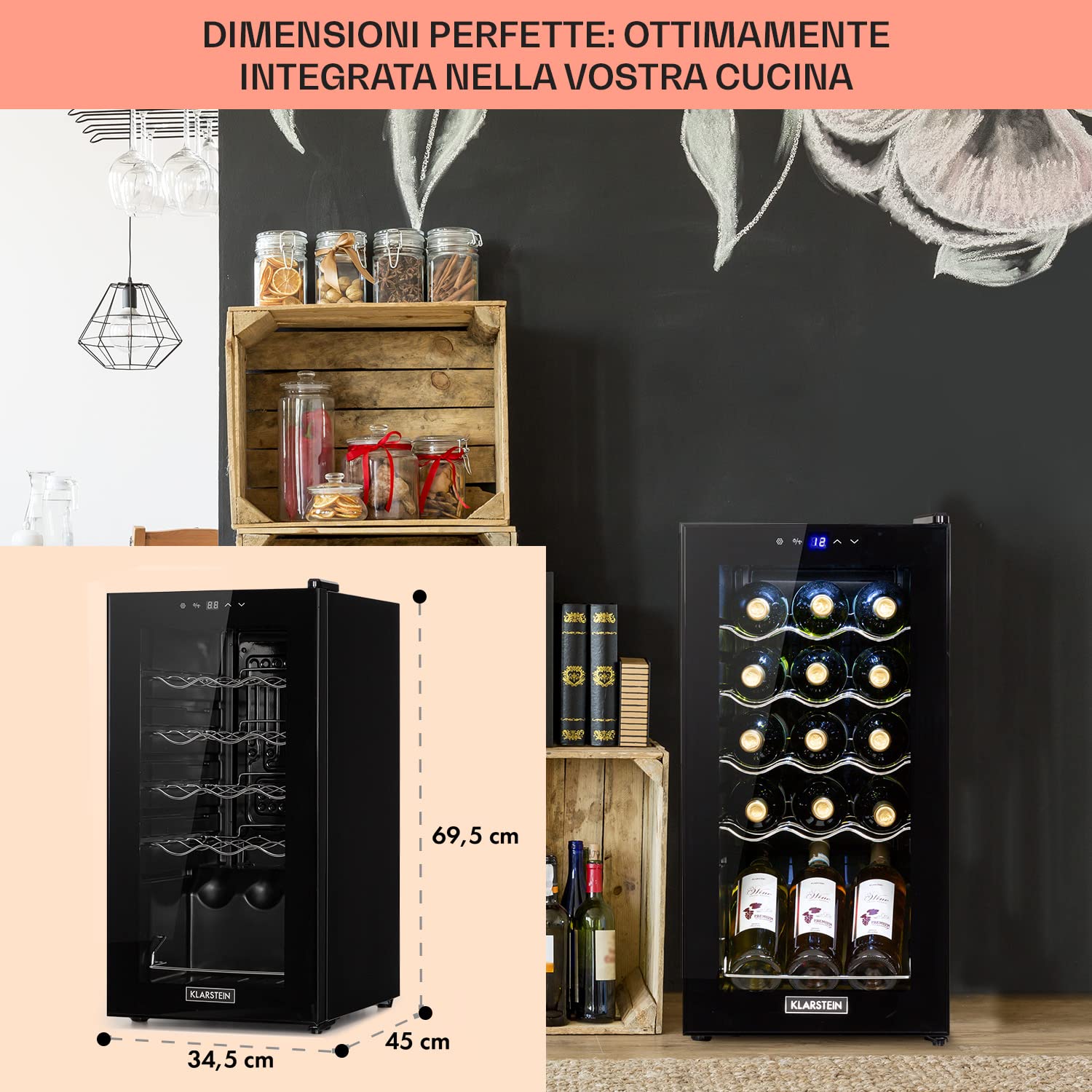 KLARSTEIN Cantinetta Vino Design, Cantinetta Vino Refrigerata a Zona Singola per Vino Rosso, Bianco e Birra, Controlli Touch, Frigo Vino Cantinetta per Esterno/Interno, 5-18°C, 53L, 15 Bottiglie