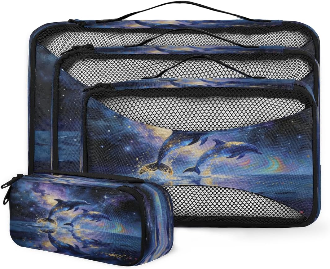 Dreamy dolphin pattern Travel packaging box 4 sets - 4 sizes of durable luggage storage boxes,comprehensive packaging boxes for toiletries,underwear,shoes,and travel essentials