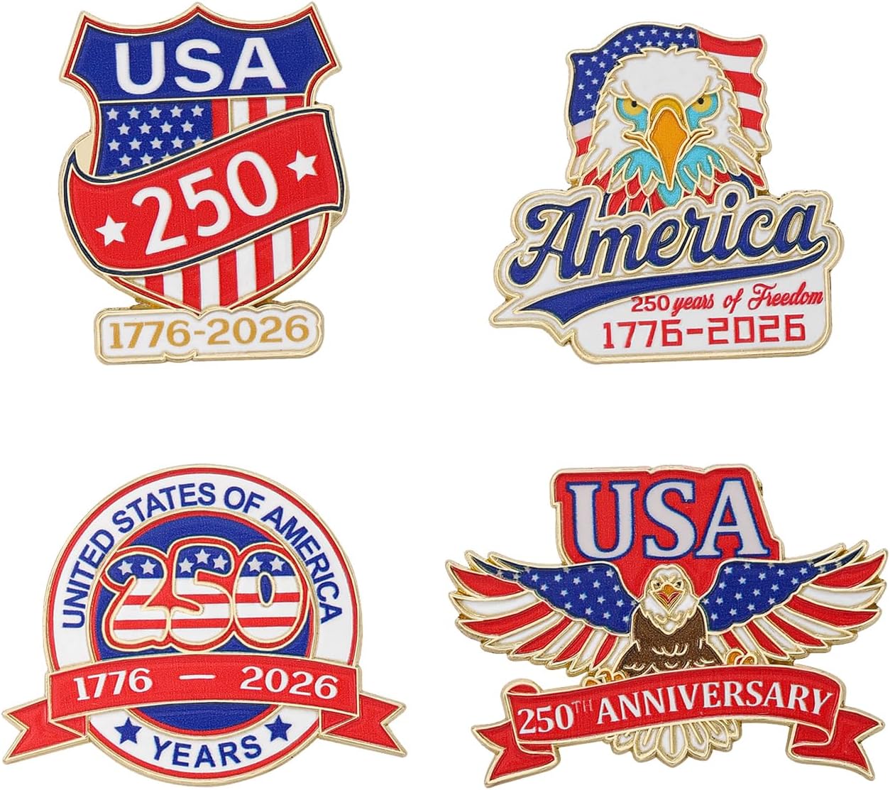 MALOYANVE 4Pcs USA 250th Anniversary Enamel Pins for Women Men 1776-2026 Patriotic Lapel Pin Set American Eagle Flag Independence Day Collectible Jewelry Gifts