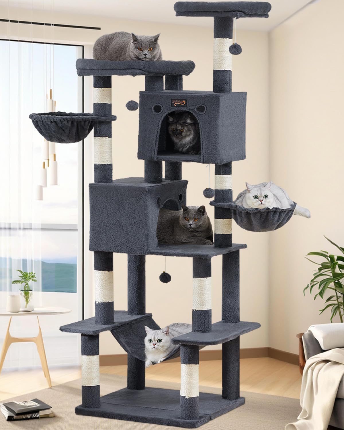 Large Cat Tree Tower for Indoor Cats Adult, 74.8 Inch Tall Large Multi-Level Tree Towers with Scratching Posts, Condo, Hammock, Bed for Big Cats, Modern Cat Trees Furniture Heavy Duty (Dark Gray)