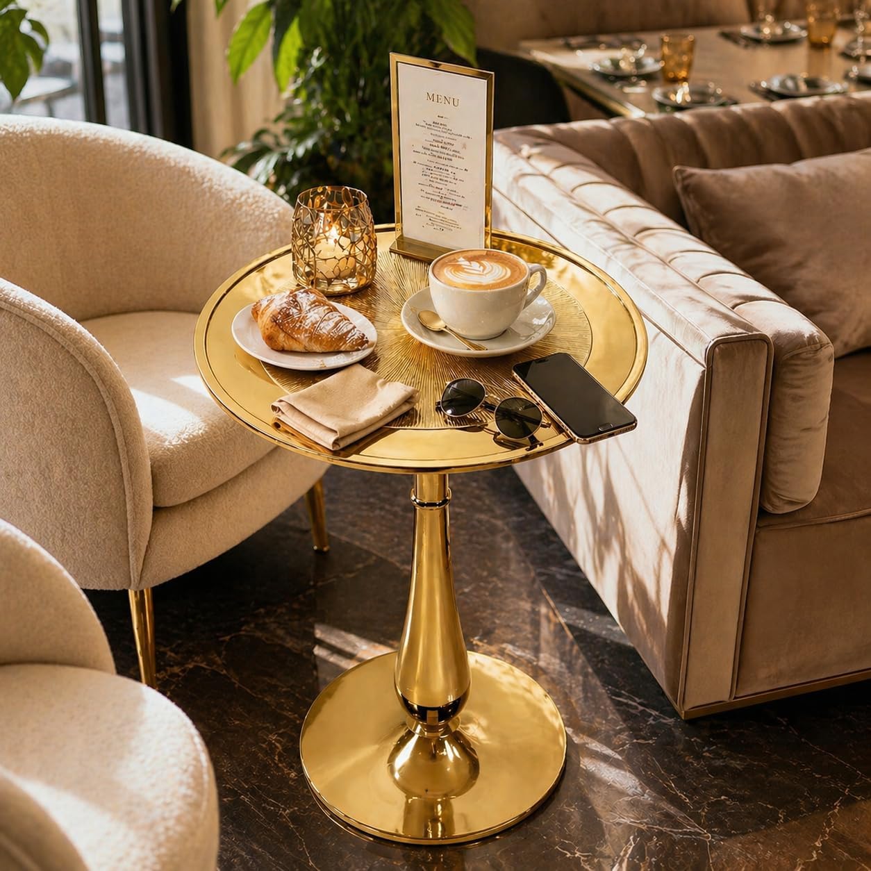 Gold Round End Table Modern Metal Accent Side Table with Embossed Top & Pedestal Base for Living Room, Bedroom, Entryway or Hallway, Electroplated Aluminum Design 15" x 22" Inch