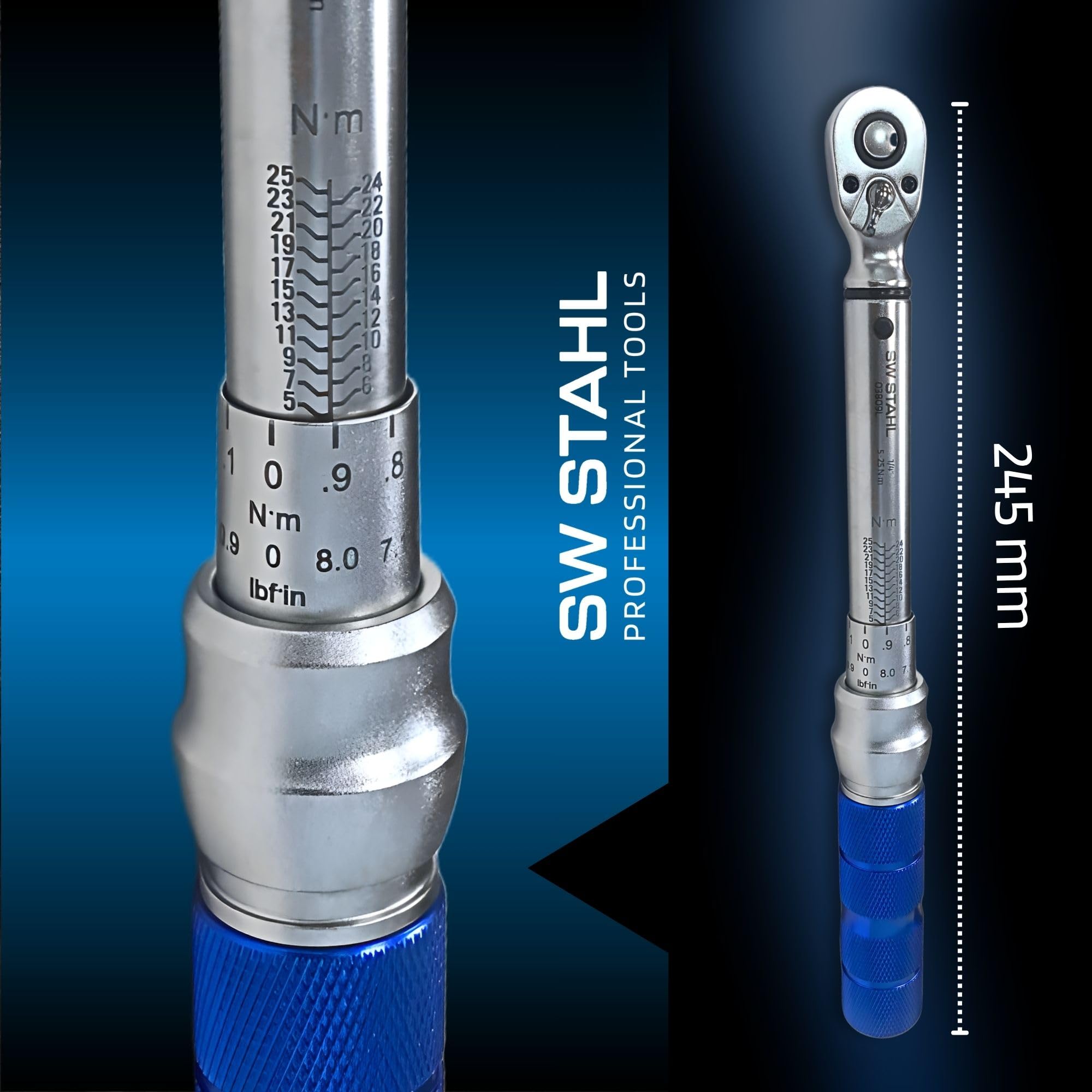 SW-Stahl 03809L Klucz Dynamometryczny 1/4 Cala, 5-25 Nm, Lewo i Prawo | Precyzja +/- 4%, 48 zębów, długość 245 mm, idealny do kół, świec i rowerów, bezpieczna blokada i ergonomiczny uchwyt.