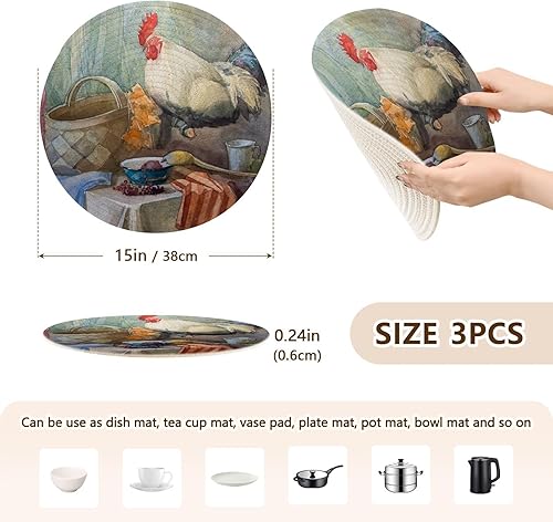 Miniatura 2 de 3 Pcs Large Trivet for Hot Pots and Pans 15in Cotton Thread Weave Absorb Water Potholders for Bowl Home Decor Still Life with Rooster and Basket