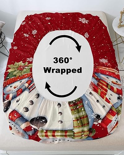 Miniatura 4 de Luck Sky Queen Bed Fitted Sheets,Christmas Snowman with Holly Soft Bottom Sheet Bedding Sets with Pillow Cases for Mattress Decor,Extra Deep Pocket