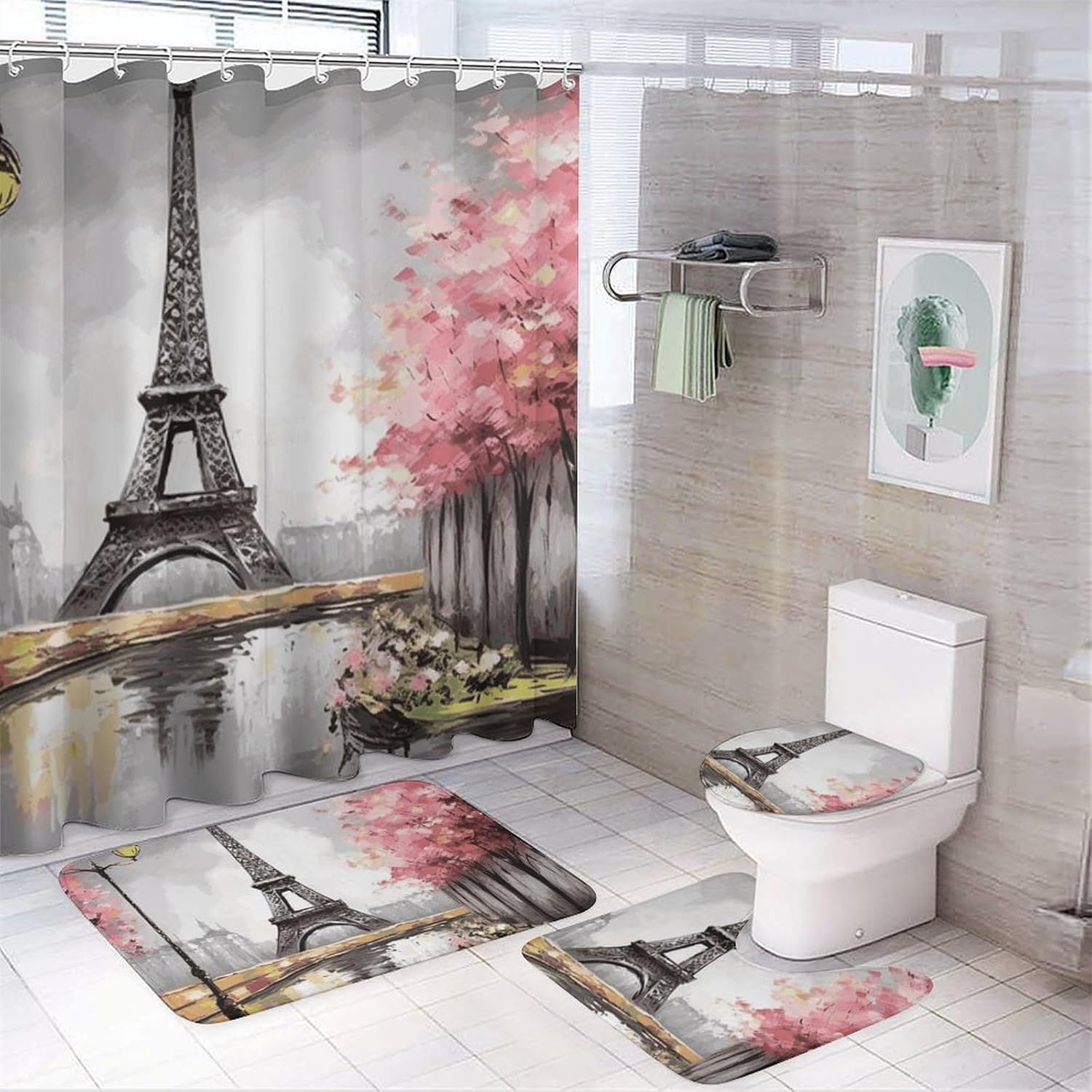 Oil Painting Paris Eiffel Tower Shower Curtain Set 4 Piece, Non-Slip Bath Mat with Toilet Lid Cover and Waterproof Shower Curtain with 12 Hooks, Complete Bathroom Set for Home Decor