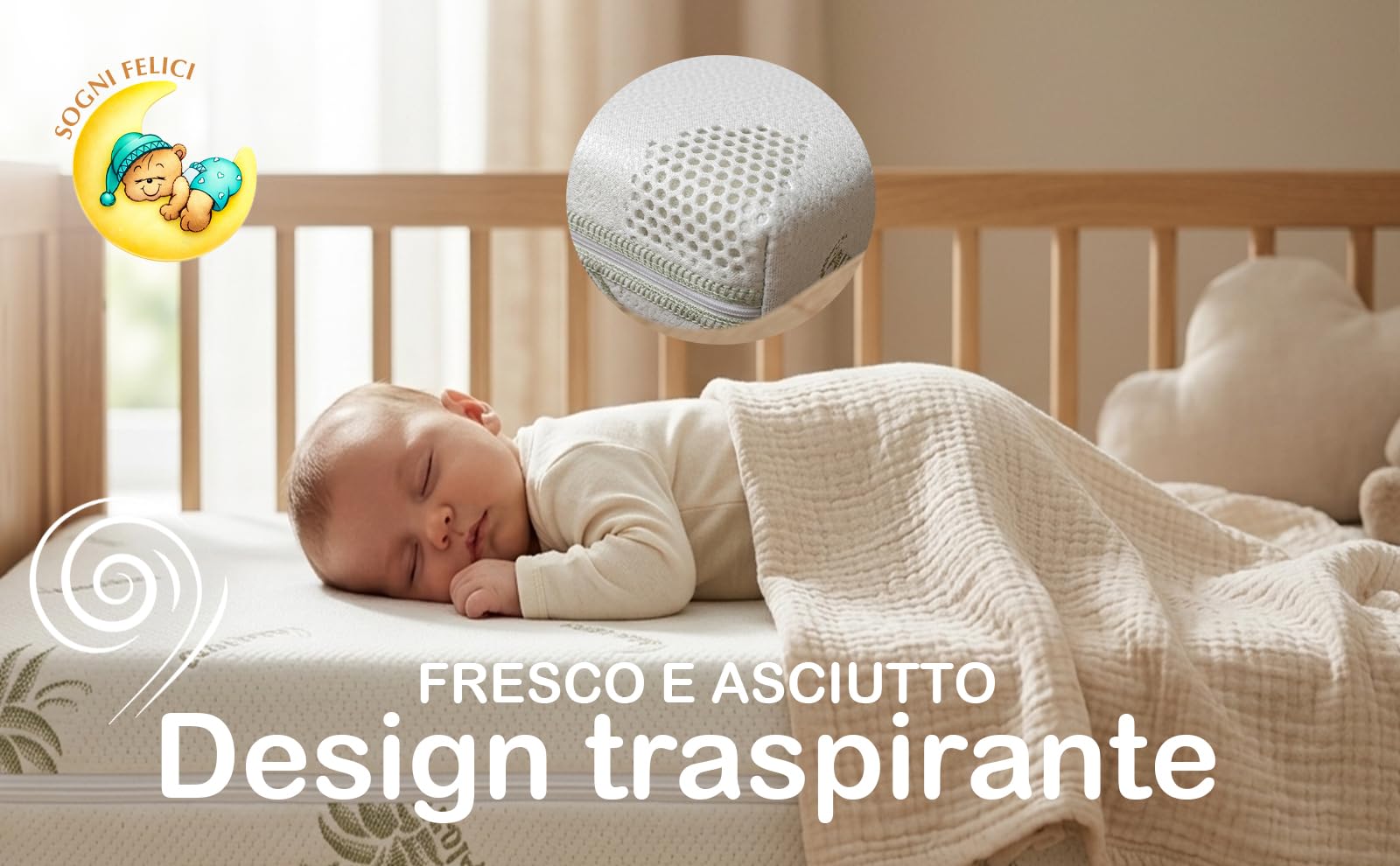 Materasso per Lettino Neonato 60x120 cm Spessore 10 cm con Cuscino – Rivestimento Aloe Vera Antiacaro, Traspirante e Lavabile antisoffocamento OEKO-TEX Standard 100 e CertiPUR