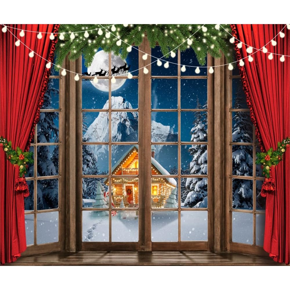 Christmas Window Backdrop - 10x8ft Red Curtain Photo Background For Holiday Photography